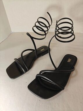 Zara Black Spiral Lace-Up Square-Toe Flat Sandals